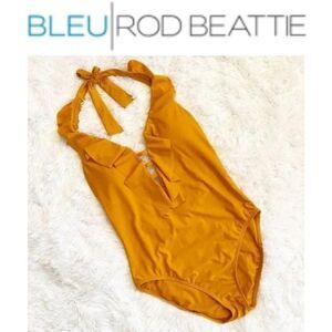 Bleu Rod Beattie Yellow Gold deep Plunge Ruffle One Piece Swimsuit Sz 12
